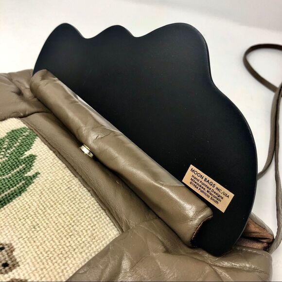 Vintage Moon Bag in Taupe Leather w/ Cross-stitch - Picture 7 of 8